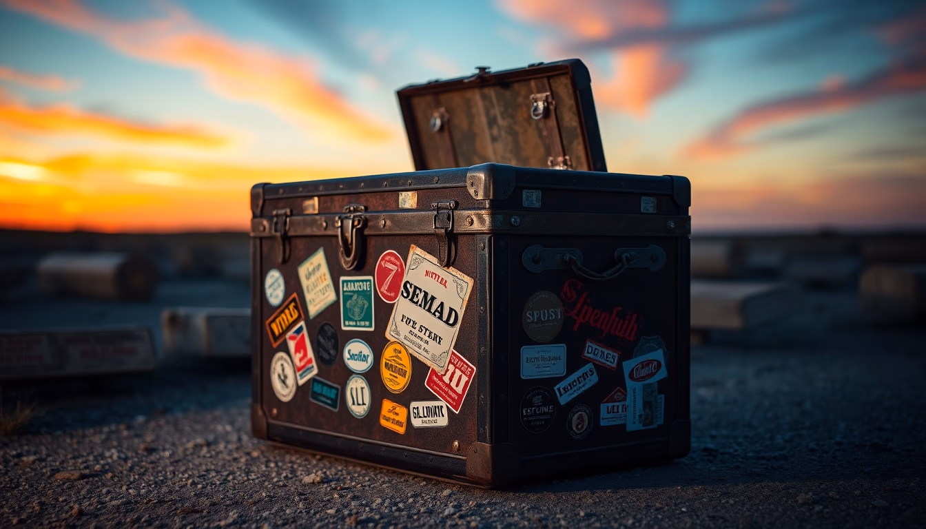 steamer trunk vintage stickers in editorial style