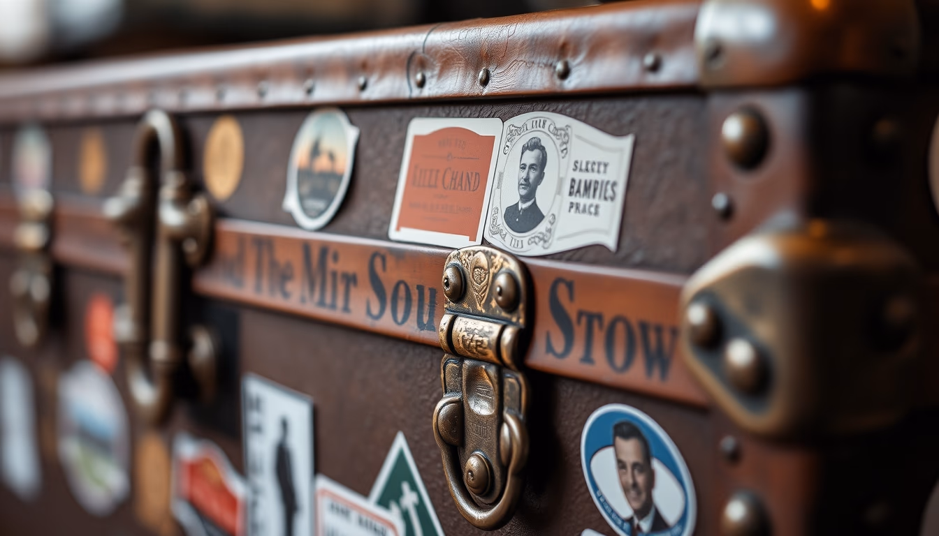 steamer trunk vintage stickers in editorial style