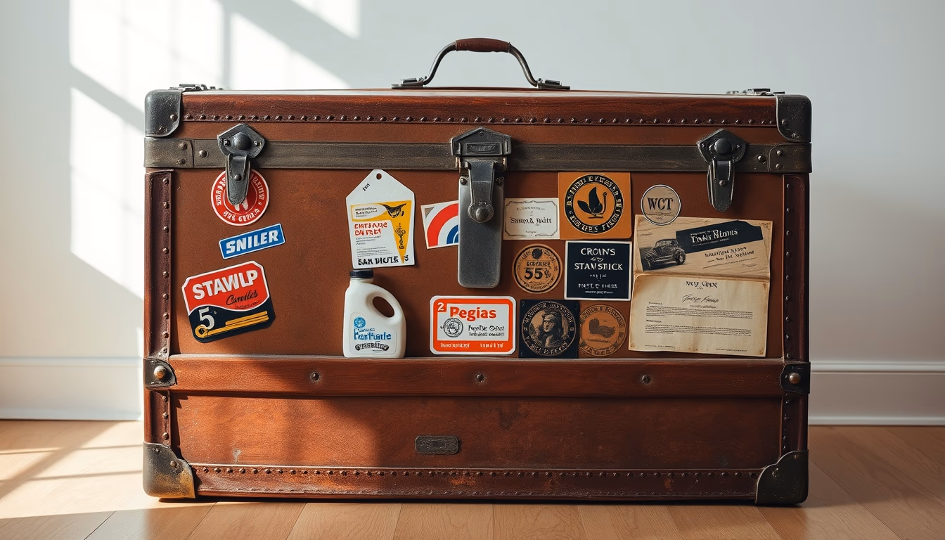 steamer trunk vintage stickers in editorial style