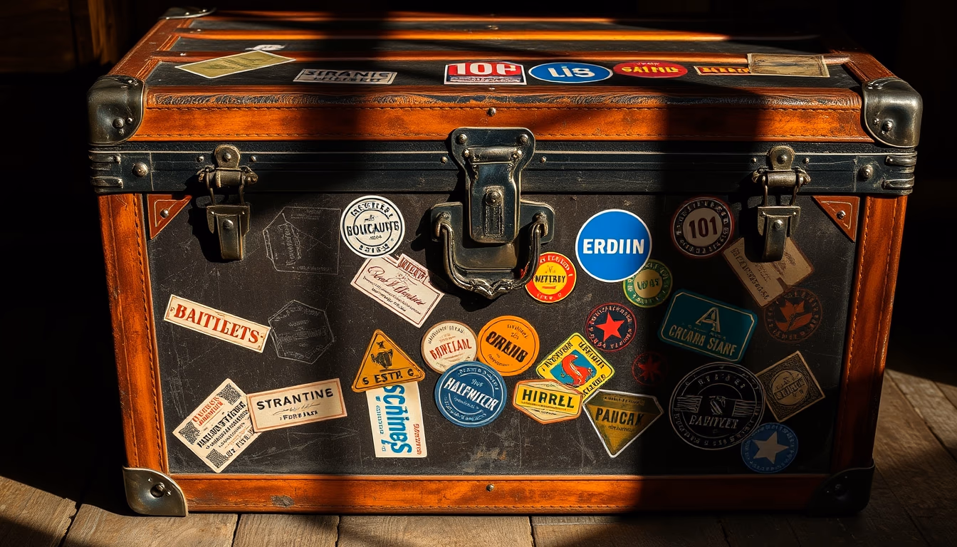 steamer trunk vintage stickers in editorial style