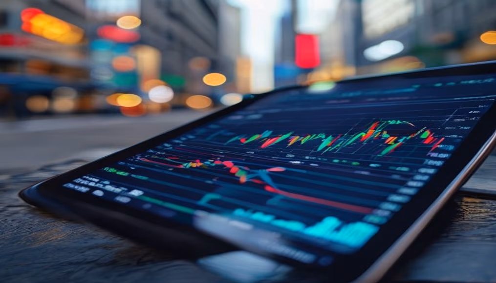 stock market chart on tablet macro in editorial style