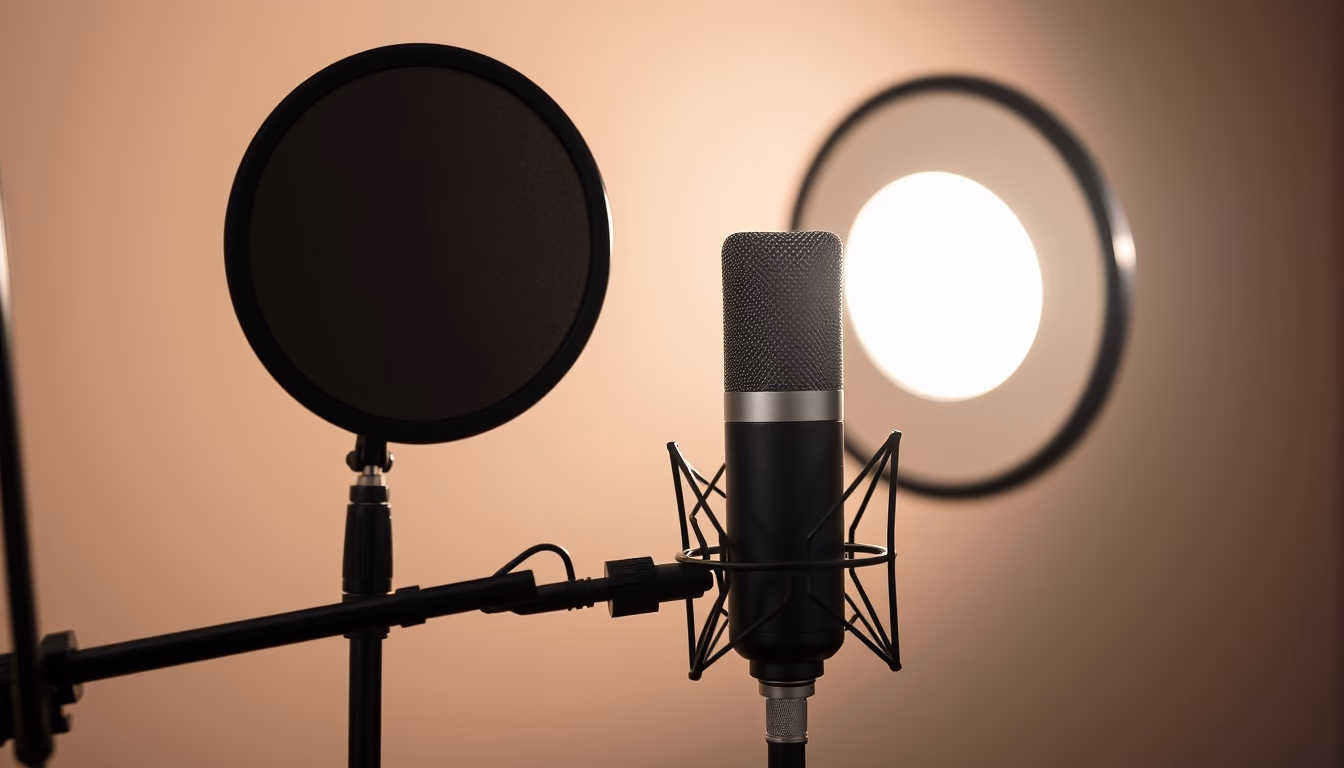 studio microphone with pop filter in editorial style