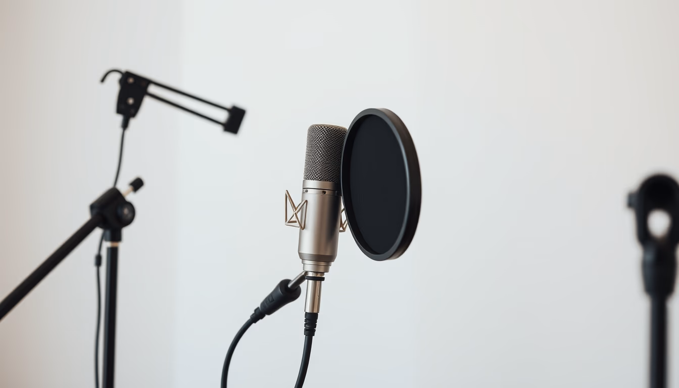 Microfone de estúdio with pop filter em estilo editorial