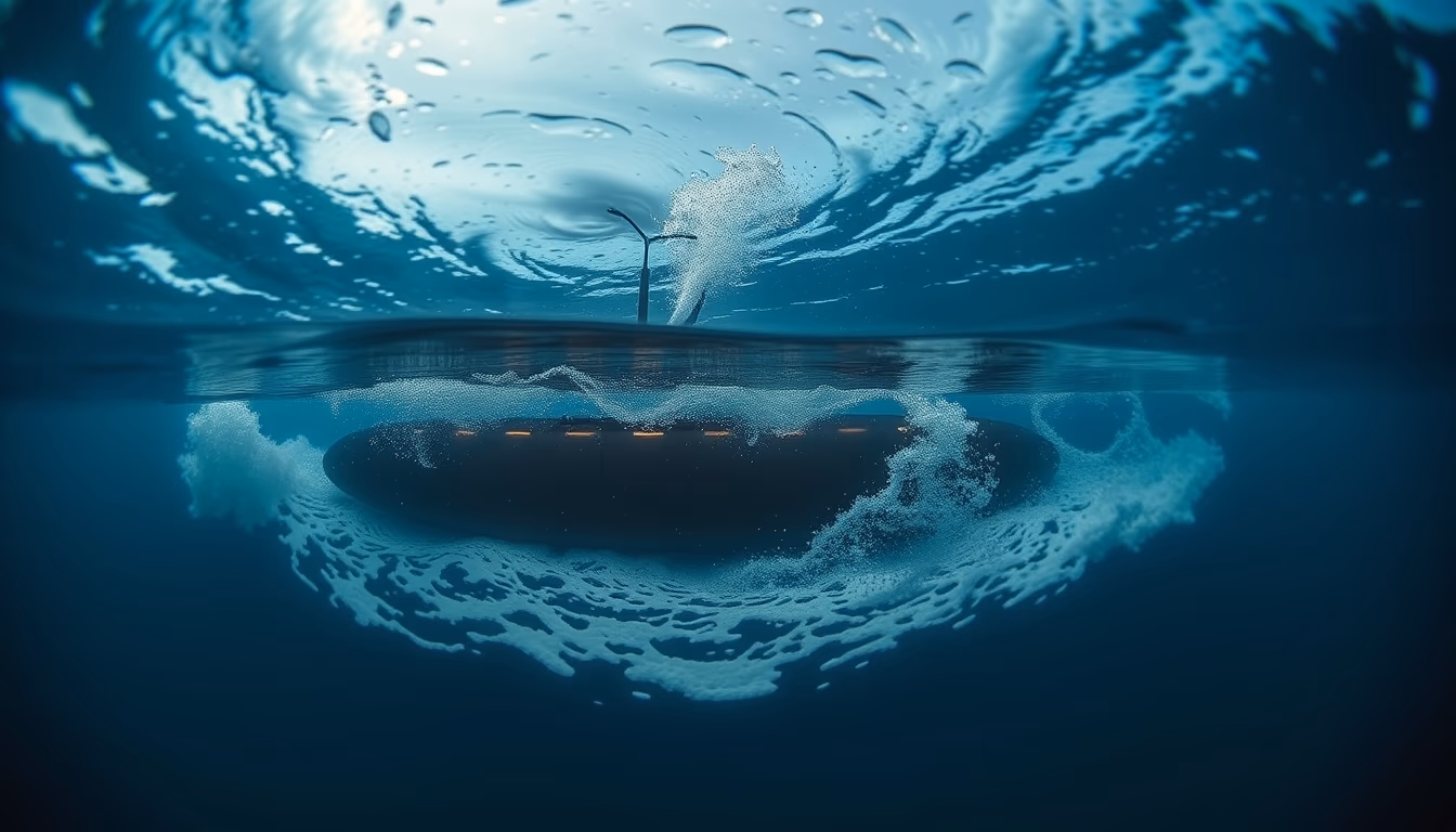 submarine surfacing ocean in editorial style