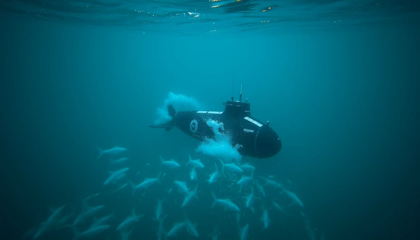 submarine surfacing ocean in editorial style