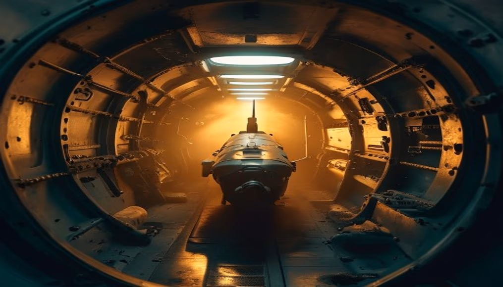submarine torpedo room in editorial style
