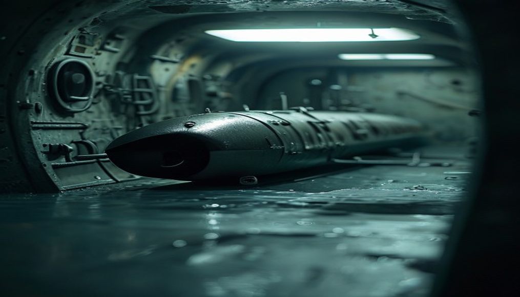 submarine torpedo room in editorial style