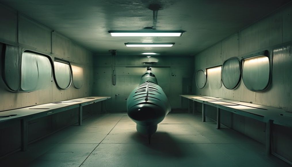 submarine torpedo room in editorial style