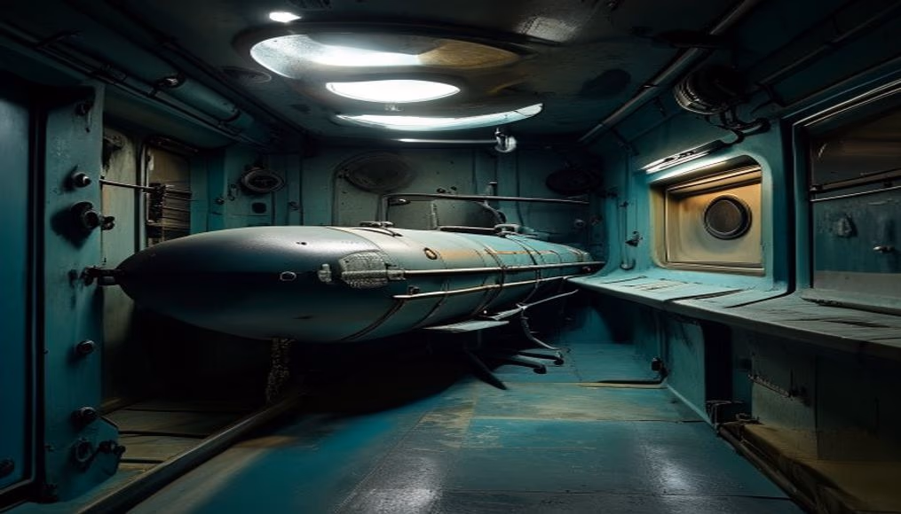 submarine torpedo room in editorial style