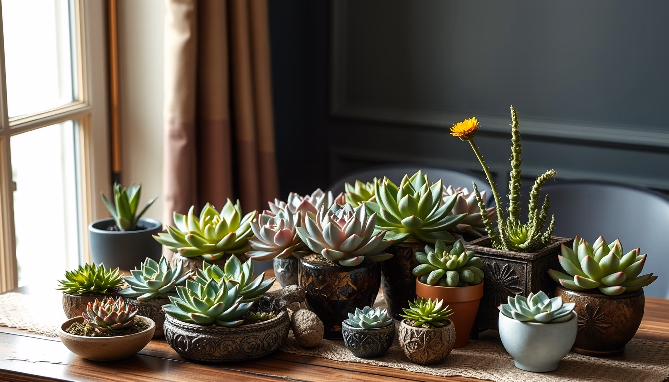 succulent collection table in editorial style