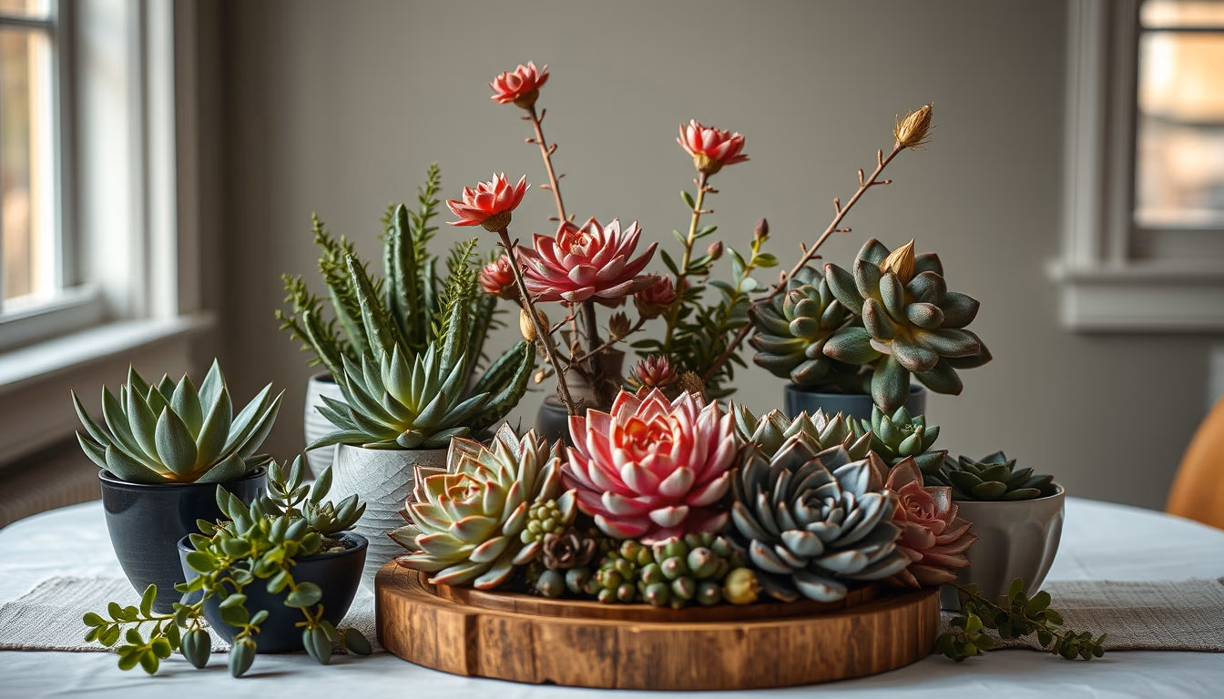 succulent collection table in editorial style