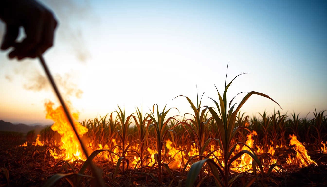 Sugarcane field on fire being controlled at sunset in São Paulo countryside em estilo editorial