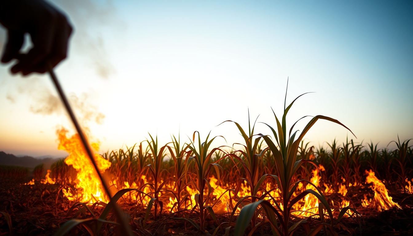 Sugarcane field on fire being controlled at sunset in São Paulo countryside em estilo editorial