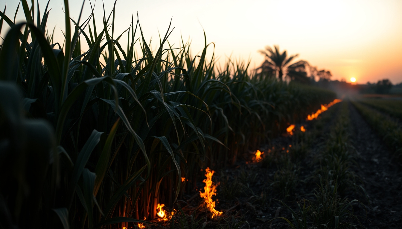 Sugarcane field on fire being controlled at sunset in São Paulo countryside em estilo editorial