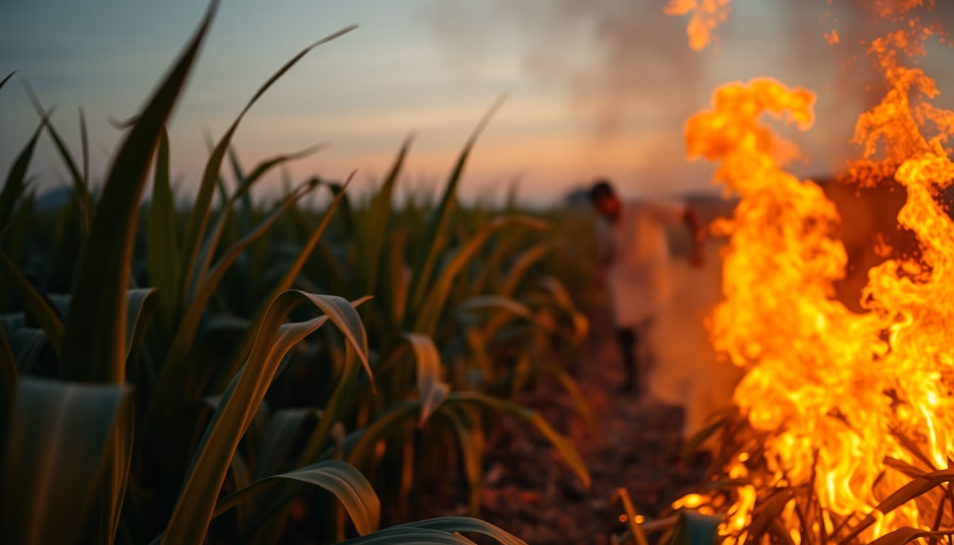 Sugarcane field on fire being controlled at sunset in São Paulo countryside em estilo editorial