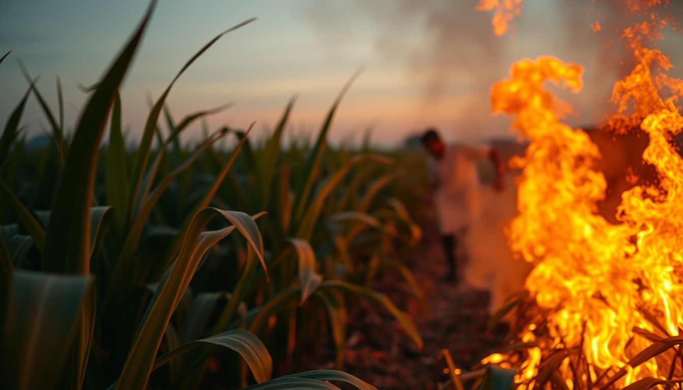Sugarcane field on fire being controlled at sunset in São Paulo countryside em estilo editorial