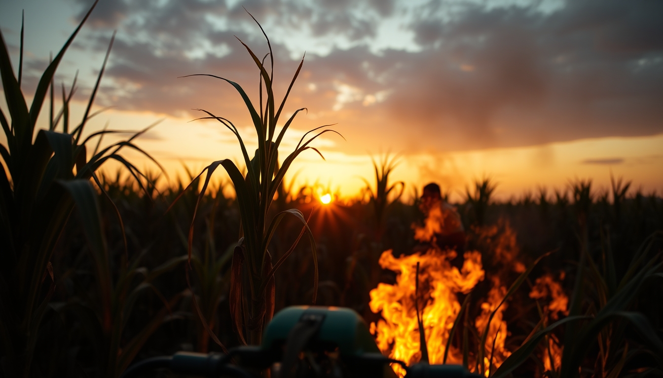 Sugarcane field on fire being controlled at sunset in São Paulo countryside em estilo editorial