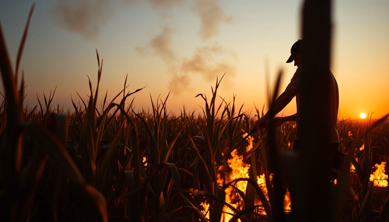 Sugarcane field on fire being controlled at sunset in São Paulo countryside em estilo editorial