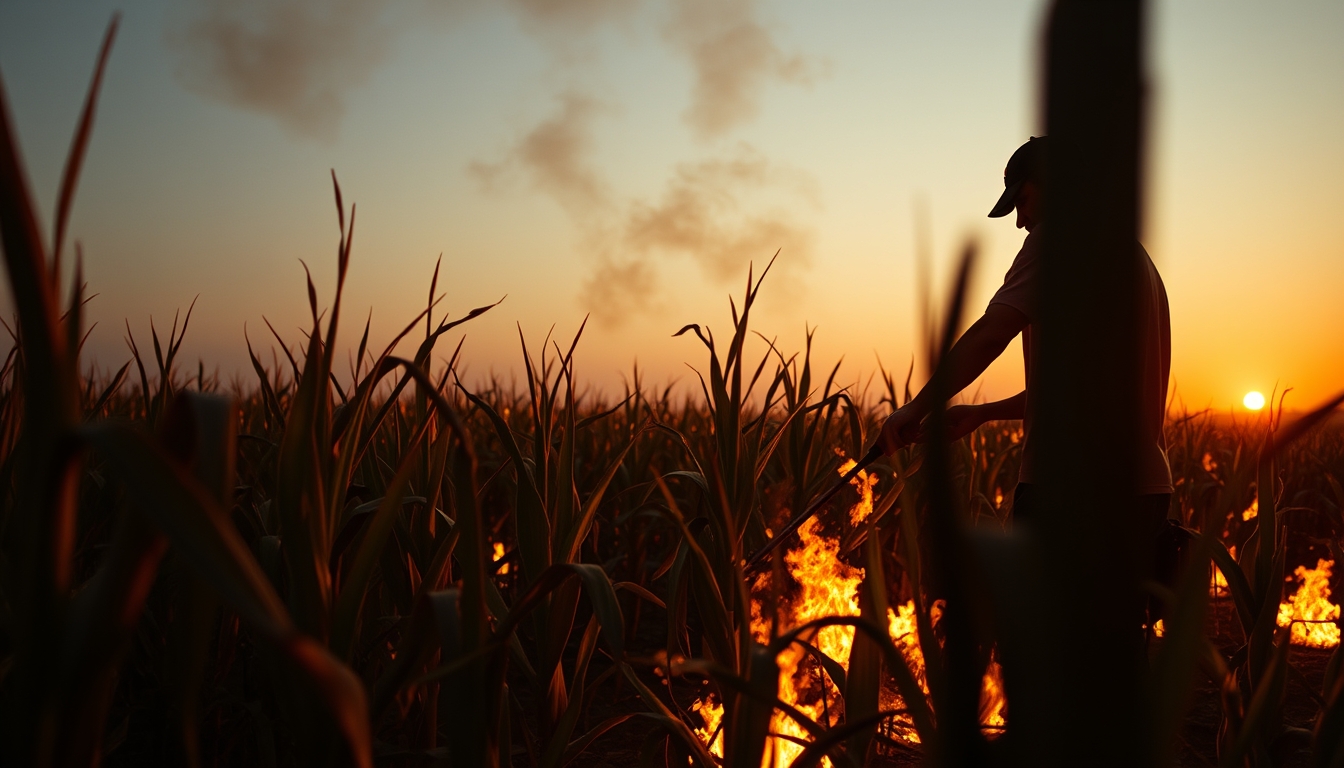 Sugarcane field on fire being controlled at sunset in São Paulo countryside em estilo editorial