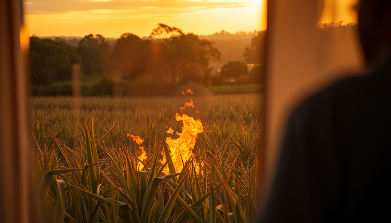 Sugarcane field on fire being controlled at sunset in São Paulo countryside em estilo editorial