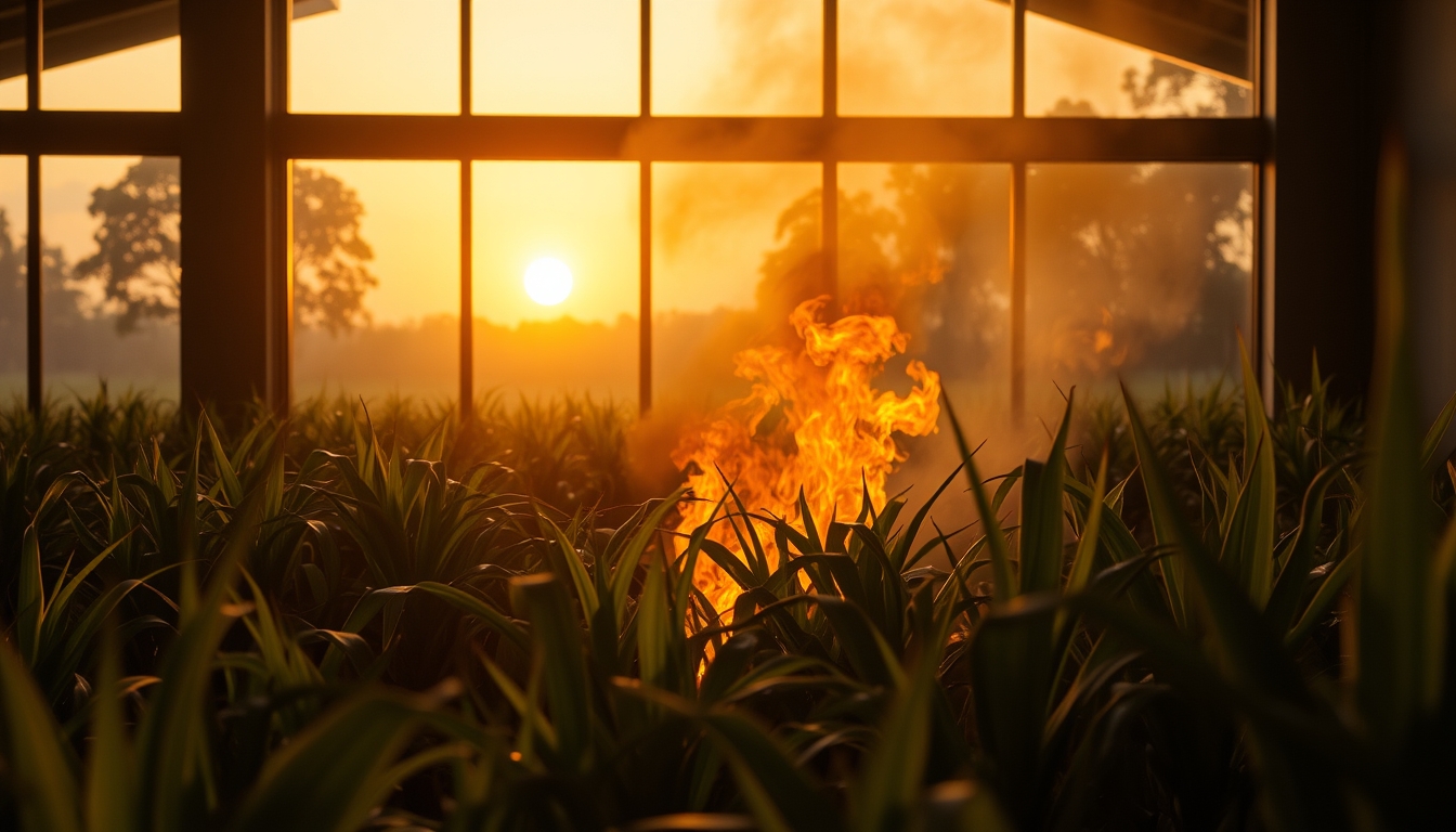 Sugarcane field on fire being controlled at sunset in São Paulo countryside em estilo editorial