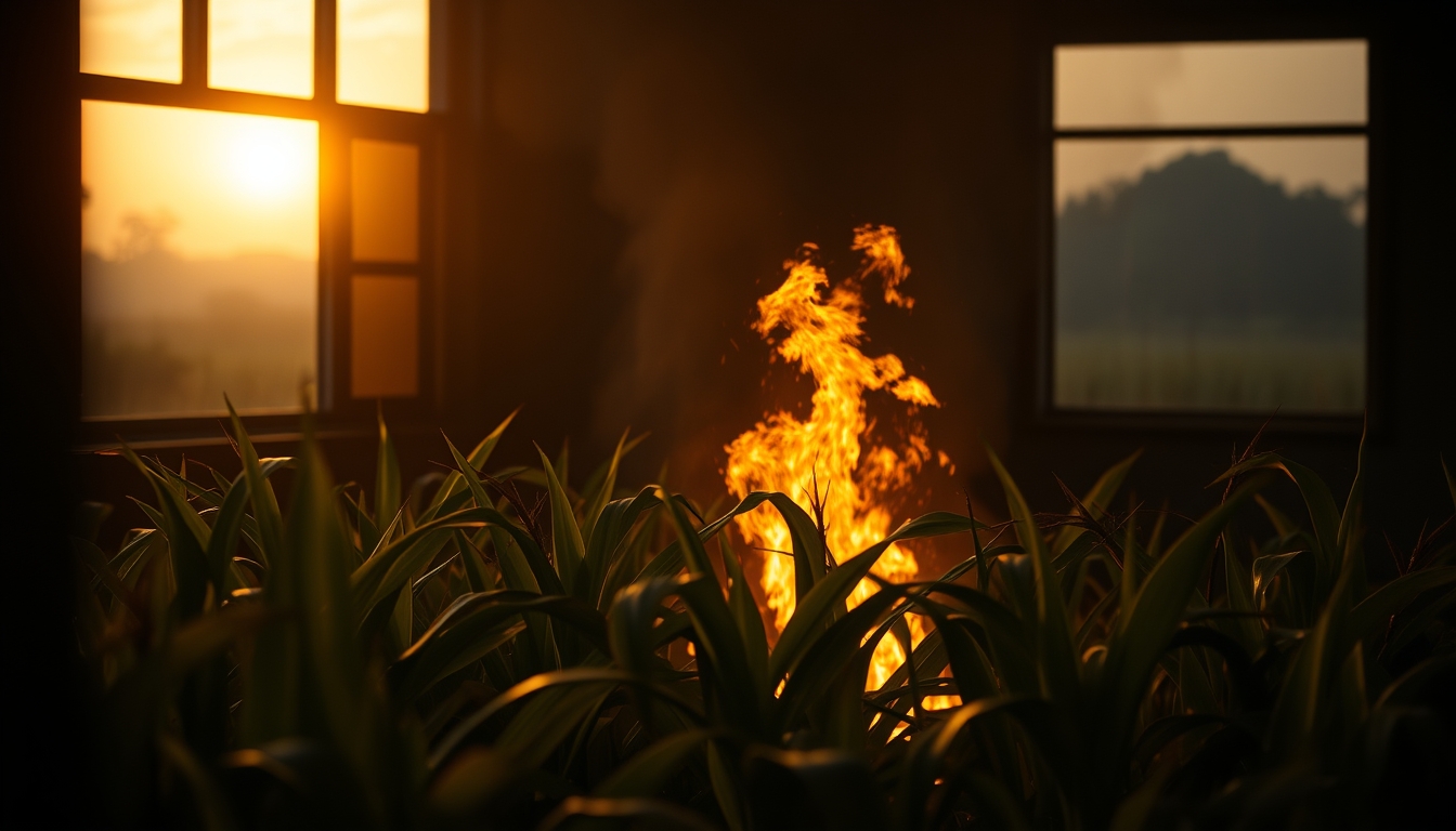 Sugarcane field on fire being controlled at sunset in São Paulo countryside em estilo editorial