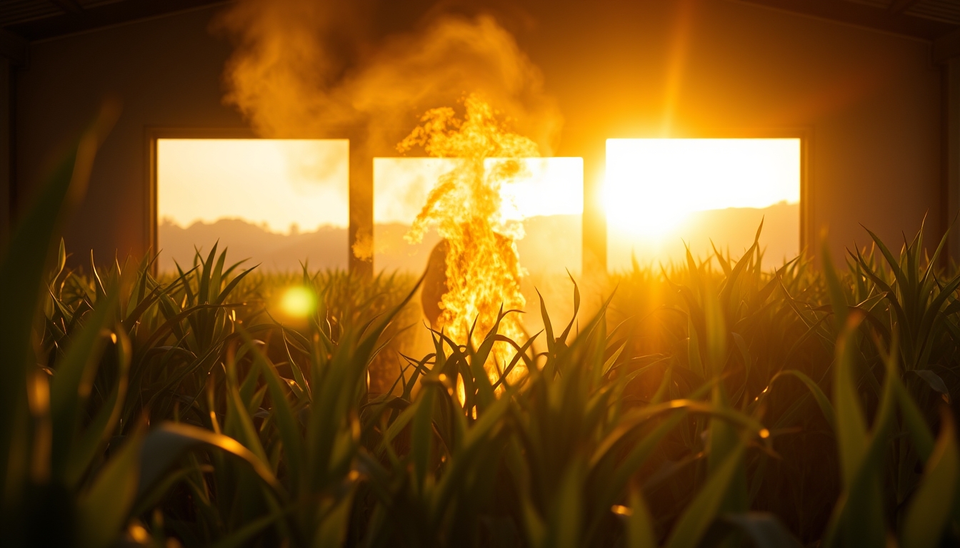 Sugarcane field on fire being controlled at sunset in São Paulo countryside em estilo editorial