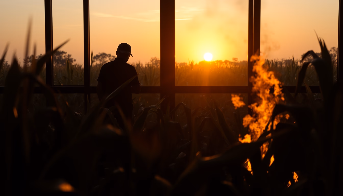 Sugarcane field on fire being controlled at sunset in São Paulo countryside em estilo editorial