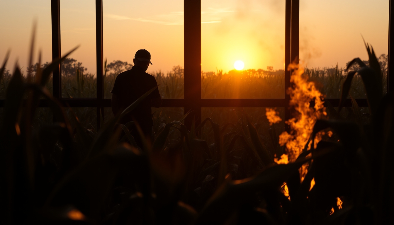 Sugarcane field on fire being controlled at sunset in São Paulo countryside em estilo editorial