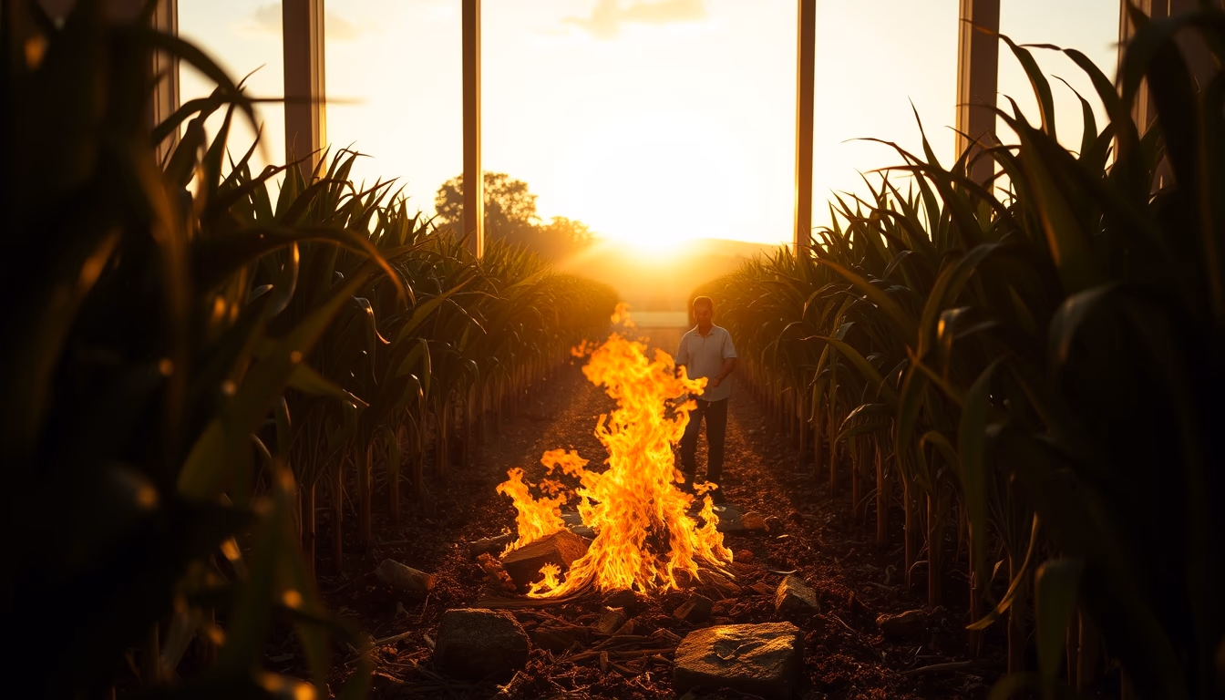 sugarcane field with controlled burn at sunset in countryside in editorial style