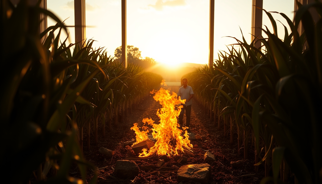 Sugarcane field on fire being controlled at sunset in São Paulo countryside em estilo editorial