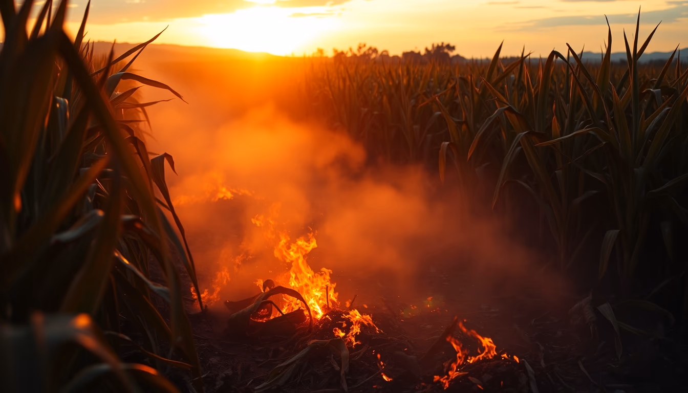 Sugarcane field on fire being controlled at sunset in São Paulo countryside em estilo editorial