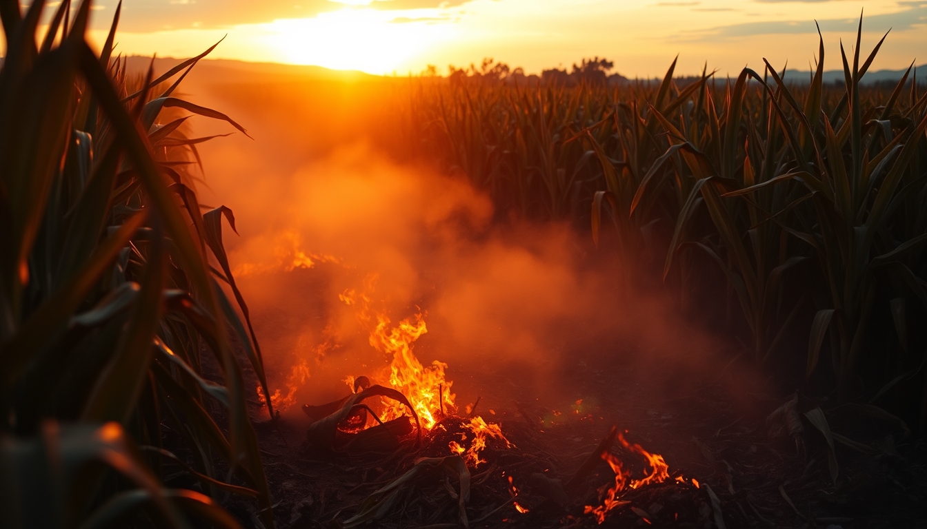 Sugarcane field on fire being controlled at sunset in São Paulo countryside em estilo editorial
