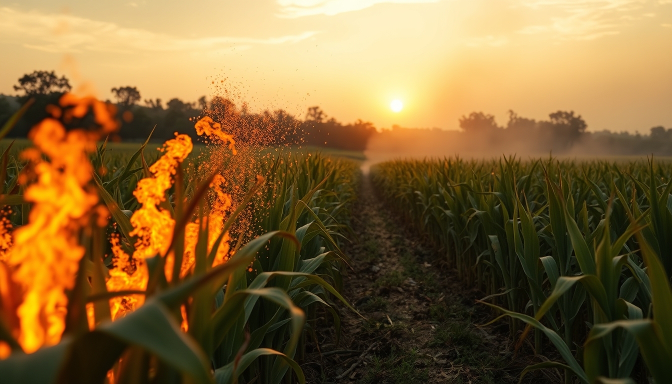 Sugarcane field on fire being controlled at sunset in São Paulo countryside em estilo editorial