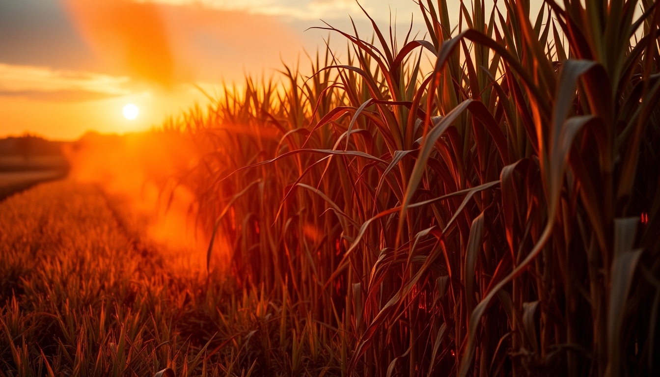 Sugarcane field on fire being controlled at sunset in São Paulo countryside em estilo editorial