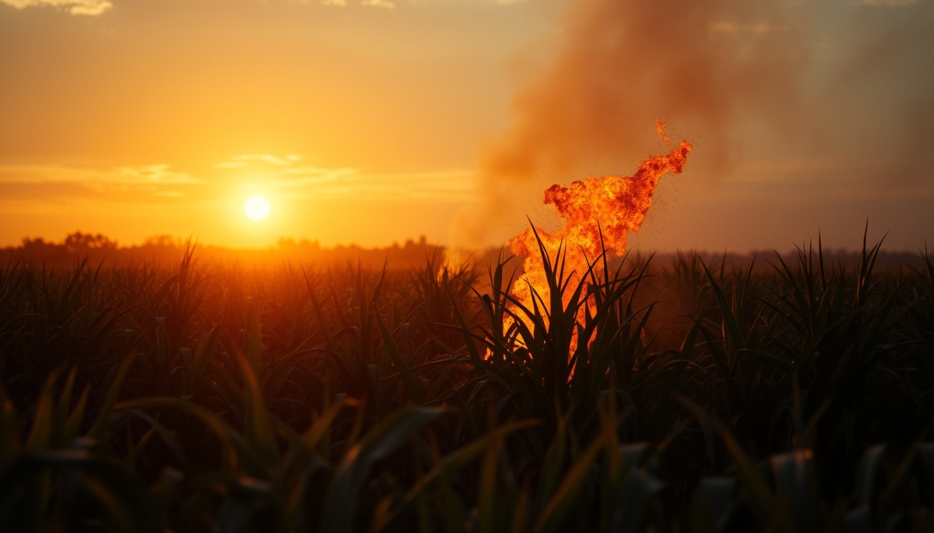 Sugarcane field on fire being controlled at sunset in São Paulo countryside em estilo editorial