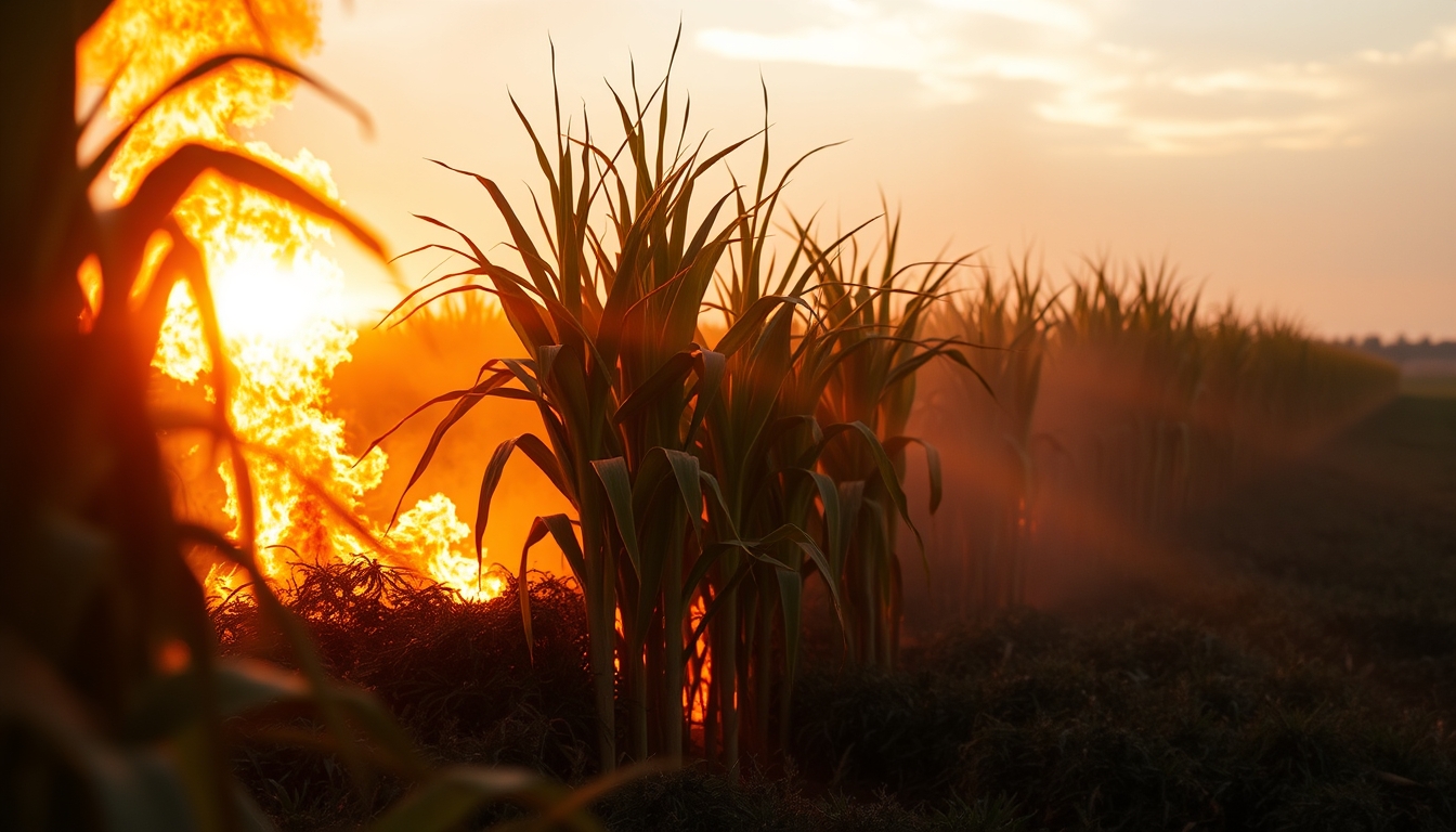 Sugarcane field on fire being controlled at sunset in São Paulo countryside em estilo editorial
