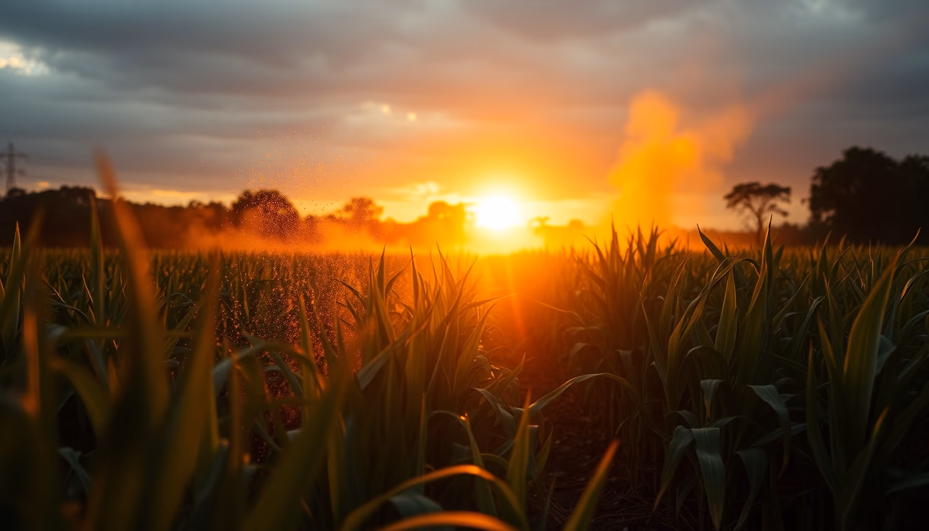 sugarcane field with controlled burn at sunset in countryside in editorial style
