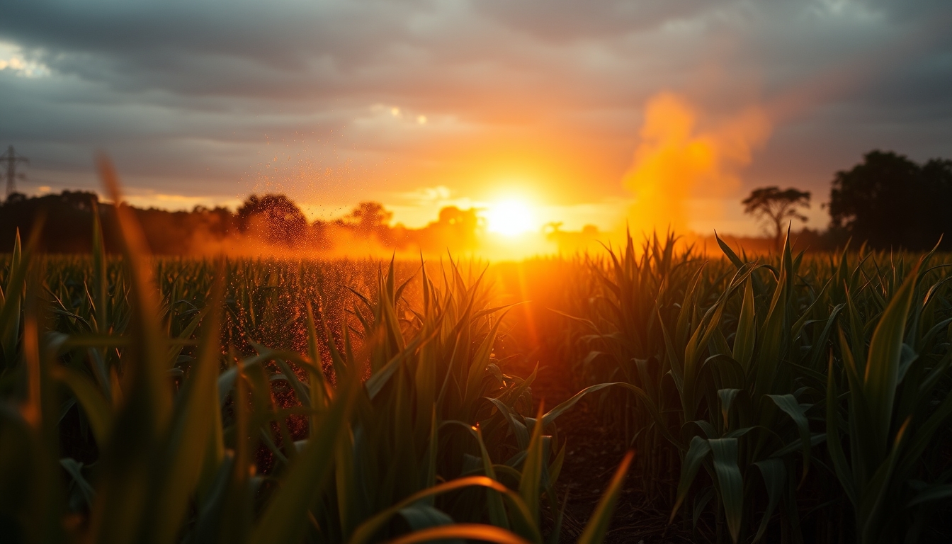 Sugarcane field on fire being controlled at sunset in São Paulo countryside em estilo editorial