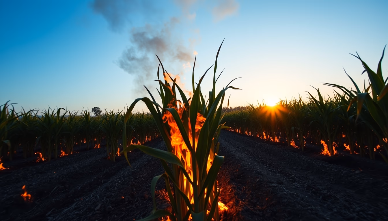 Sugarcane field on fire being controlled at sunset in São Paulo countryside em estilo editorial