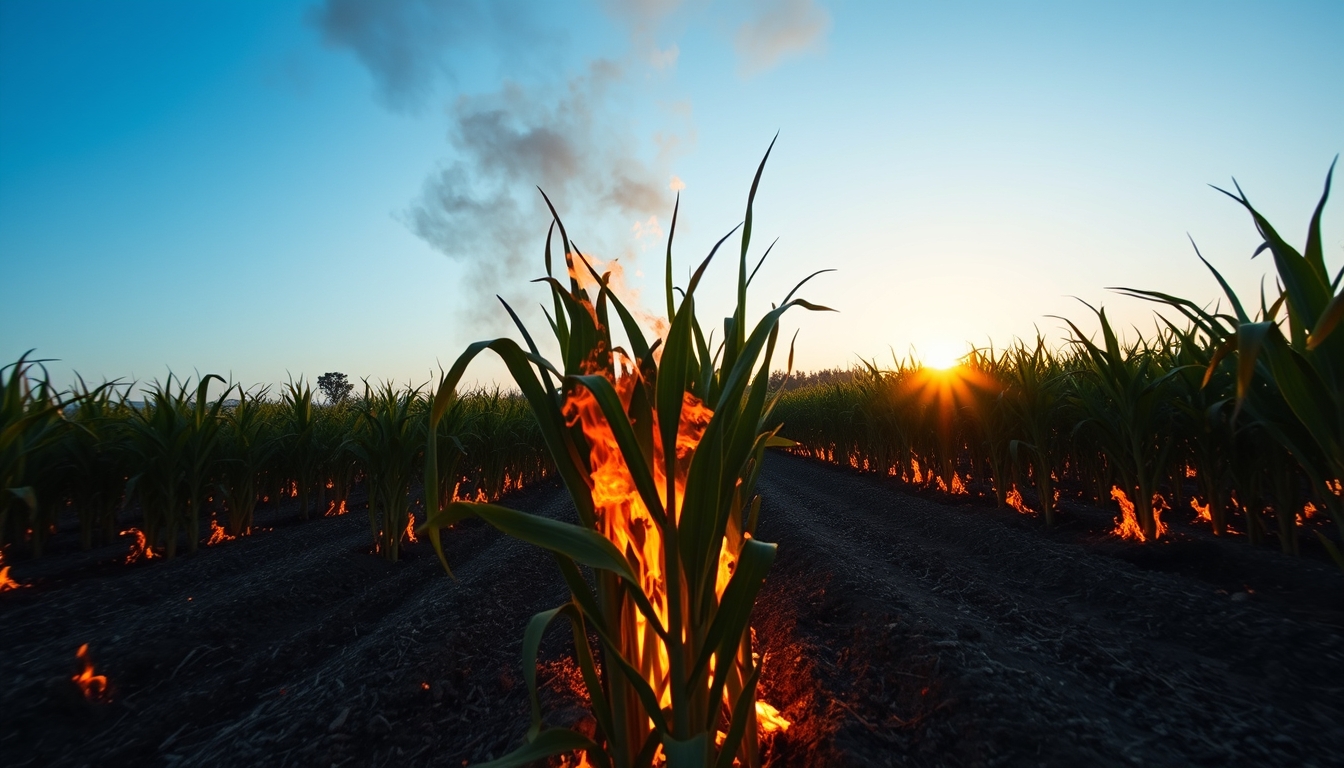 Sugarcane field on fire being controlled at sunset in São Paulo countryside em estilo editorial