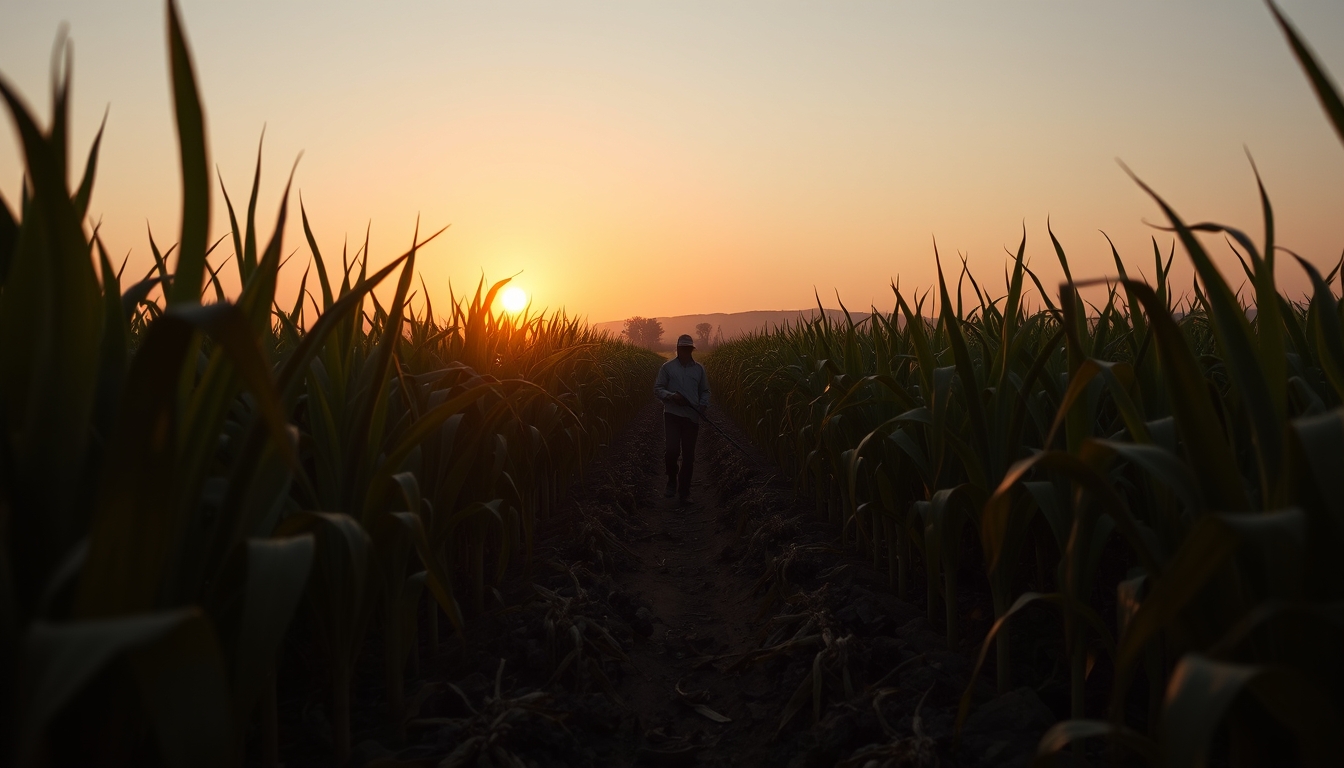 Sugarcane field on fire being controlled at sunset in São Paulo countryside em estilo editorial