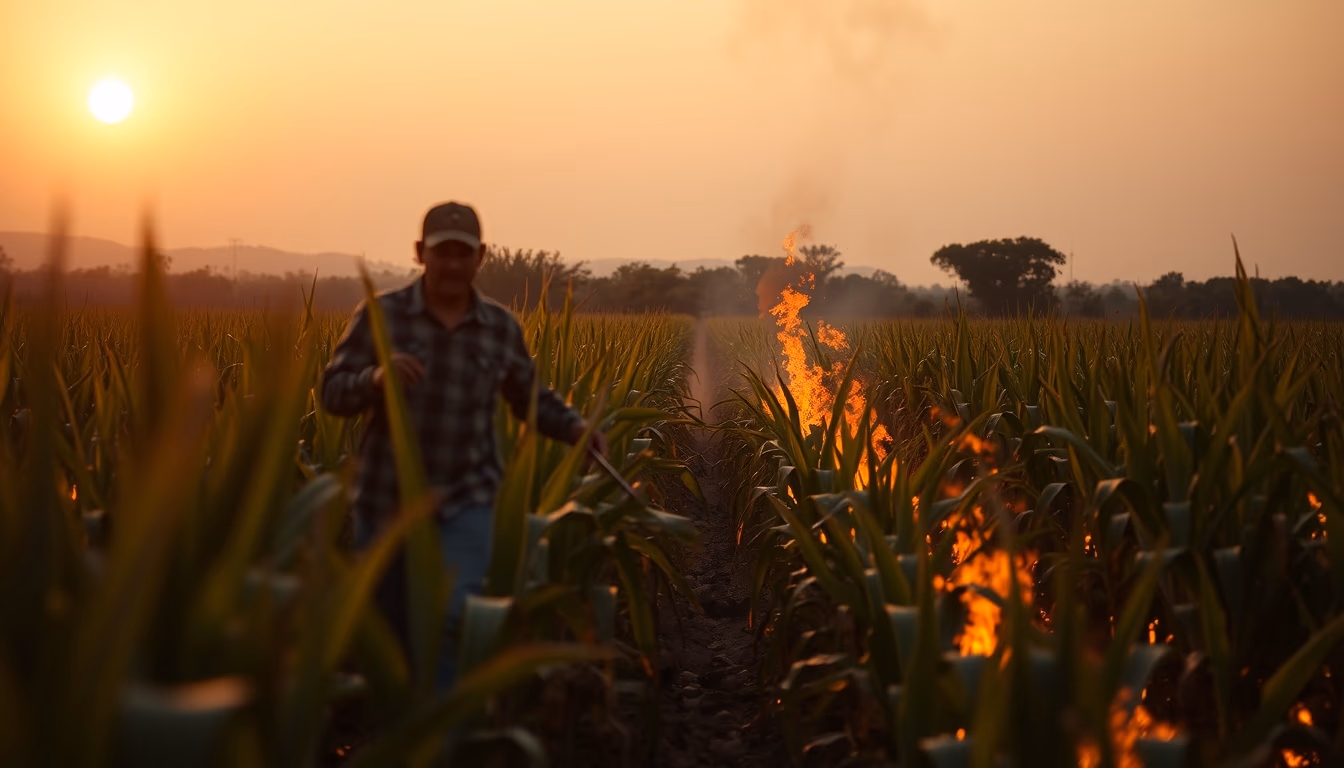 Sugarcane field on fire being controlled at sunset in São Paulo countryside em estilo editorial