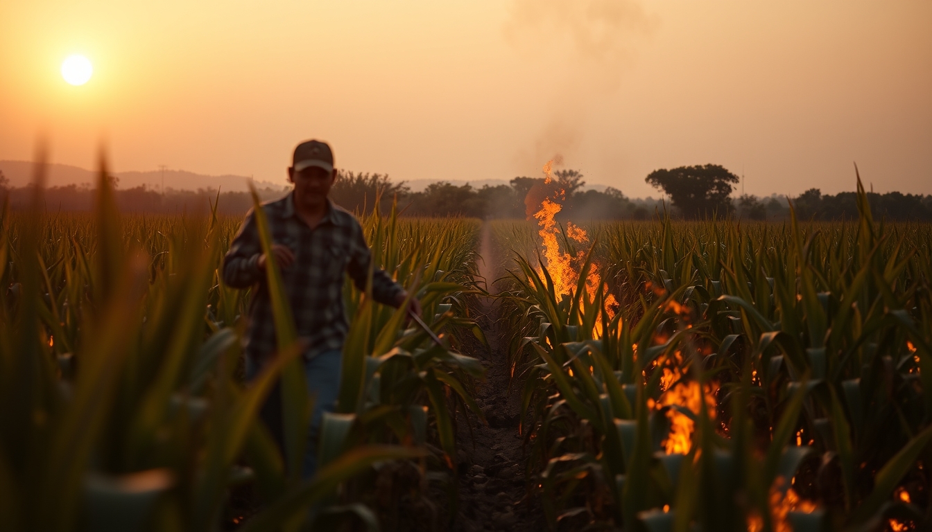 Sugarcane field on fire being controlled at sunset in São Paulo countryside em estilo editorial