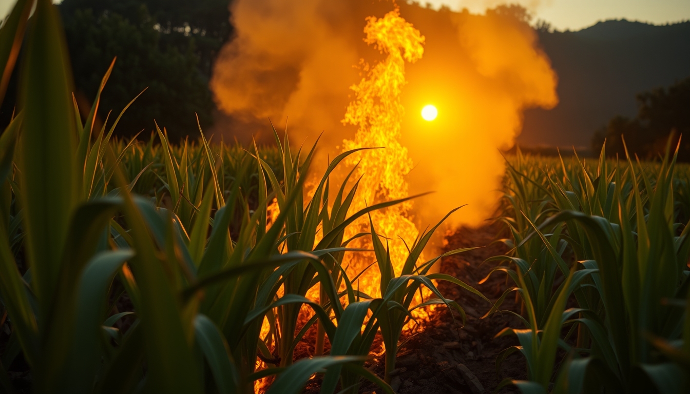 Sugarcane field on fire being controlled at sunset in São Paulo countryside em estilo editorial