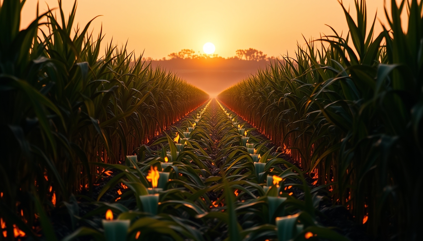 Sugarcane field on fire being controlled at sunset in São Paulo countryside em estilo editorial