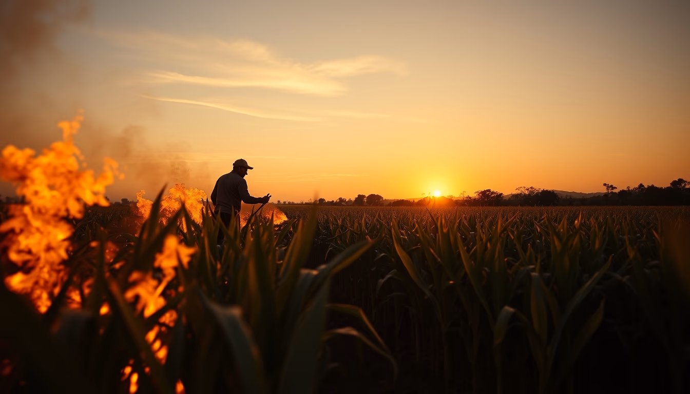 Sugarcane field on fire being controlled at sunset in São Paulo countryside em estilo editorial