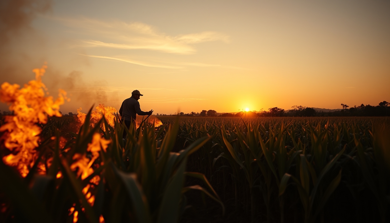 Sugarcane field on fire being controlled at sunset in São Paulo countryside em estilo editorial