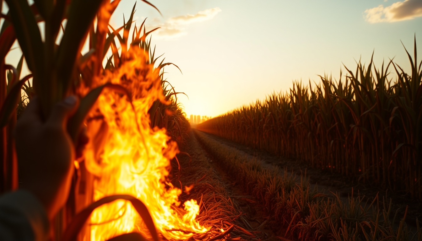 Sugarcane field on fire being controlled at sunset in São Paulo countryside em estilo editorial