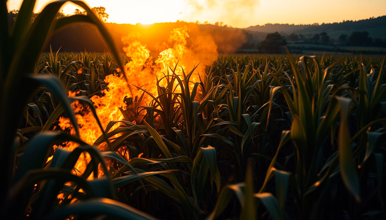 sugarcane field with controlled burn at sunset in countryside in editorial style